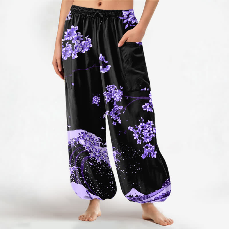 Buddha Stones Cotton Ukiyo-e Bloom Wave Pattern Women's Elastic Waist Harem Pants With Side Pockets - DarkViolet - US16，UK/AU20，EU48 (3XL) - image 0