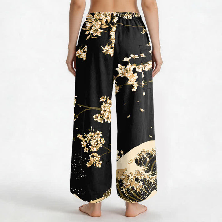 Buddha Stones Cotton Ukiyo-e Bloom Wave Pattern Women's Elastic Waist Harem Pants With Side Pockets - image 12