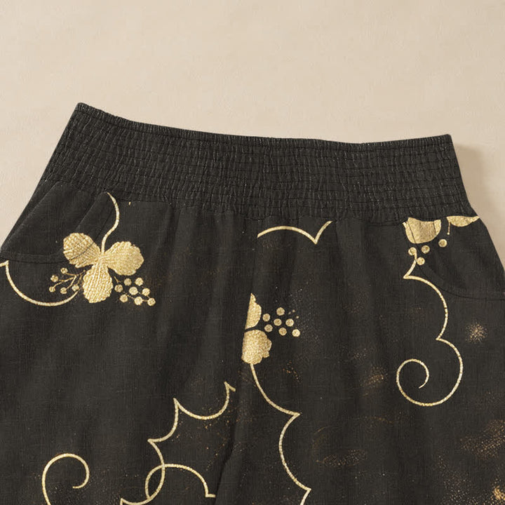 Buddha Stones Cotton Vintage Blossom Cloud Pattern Pleated Elastic Waist Women's Harem Pants With Pockets - image 4