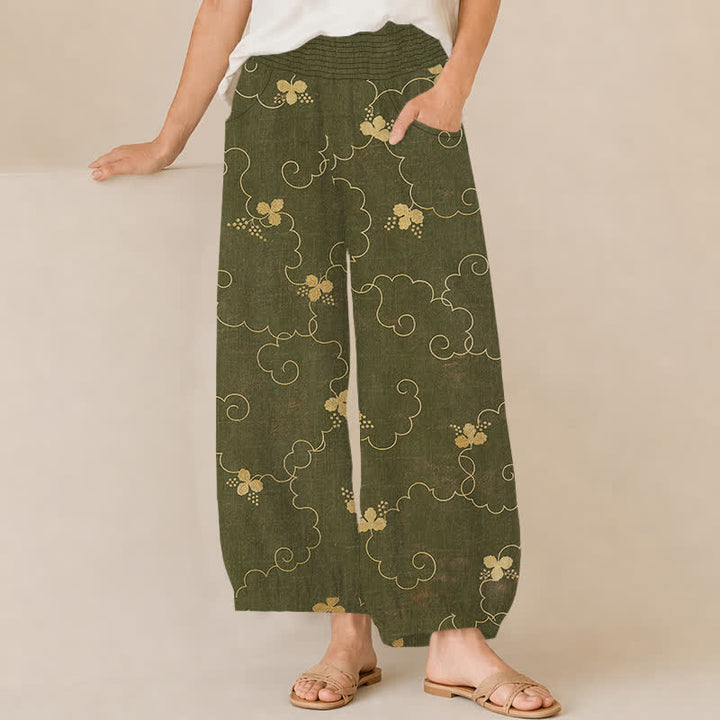 Buddha Stones Cotton Vintage Blossom Cloud Pattern Pleated Elastic Waist Women's Harem Pants With Pockets - DarkOliveGreen - US16，UK/AU20，EU48 (3XL) - image 10