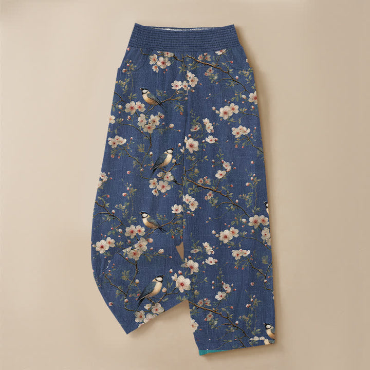 Buddha Stones Cotton Vintage Floral Bird Pattern Pleated Elastic Waist Women's Harem Pants With Pockets - image 3