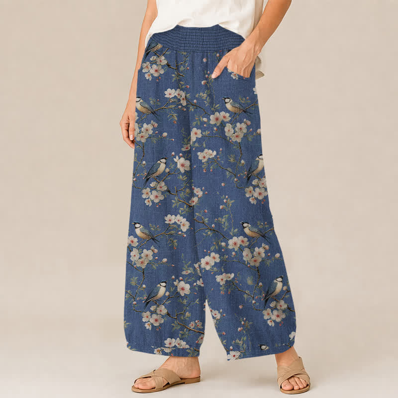 Buddha Stones Cotton Vintage Floral Bird Pattern Pleated Elastic Waist Women's Harem Pants With Pockets - image 1