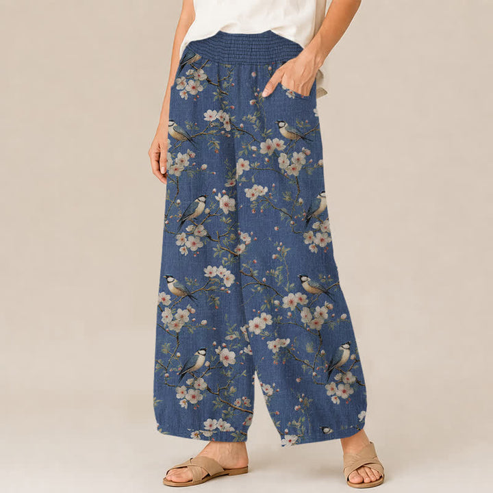 Buddha Stones Cotton Vintage Floral Bird Pattern Pleated Elastic Waist Women's Harem Pants With Pockets - image 1