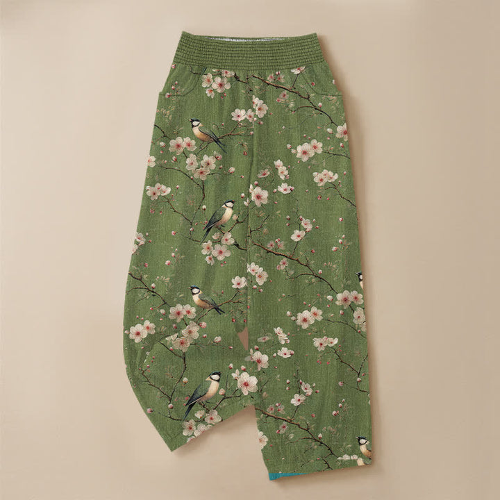 Buddha Stones Cotton Vintage Floral Bird Pattern Pleated Elastic Waist Women's Harem Pants With Pockets - image 9
