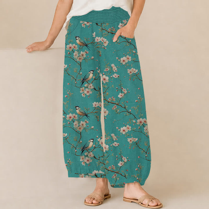 Buddha Stones Cotton Vintage Floral Bird Pattern Pleated Elastic Waist Women's Harem Pants With Pockets - MediumTurquoise - US16，UK/AU20，EU48 (3XL) - image 10