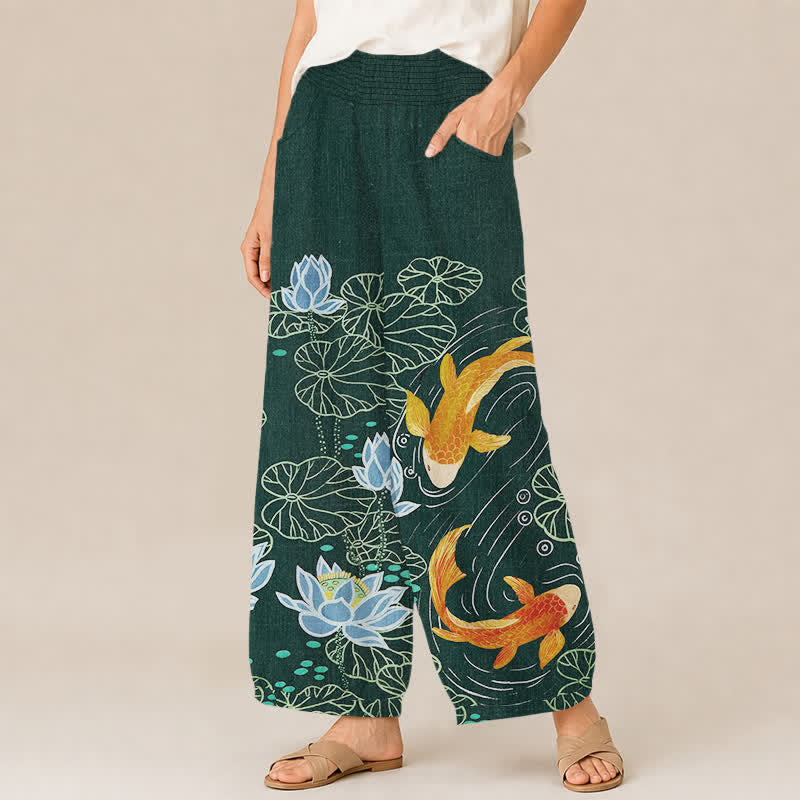 Buddha Stones Cotton Watercolor Lotus Koi Pattern Pleated Elastic Waist Women's Harem Pants With Pockets - image 1