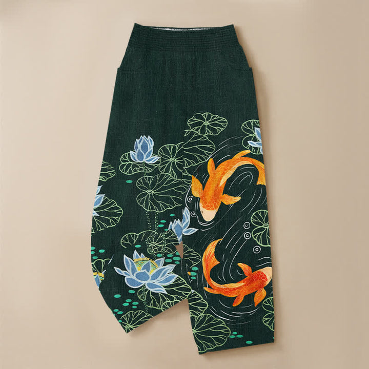 Buddha Stones Cotton Watercolor Lotus Koi Pattern Pleated Elastic Waist Women's Harem Pants With Pockets - image 3