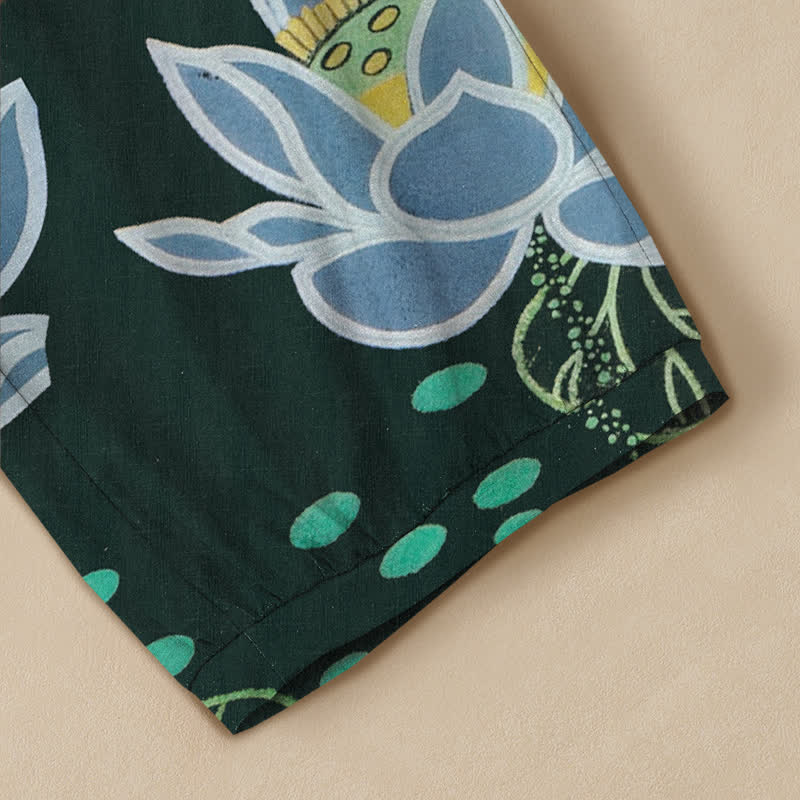 Buddha Stones Cotton Watercolor Lotus Koi Pattern Pleated Elastic Waist Women's Harem Pants With Pockets - image 5