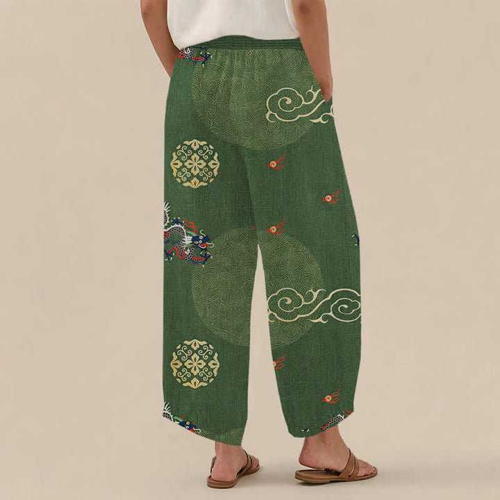 Buddha Stones Cotton Vintage Dragon Totem Pattern Pleated Elastic Waist Women's Harem Pants With Pockets - image 2