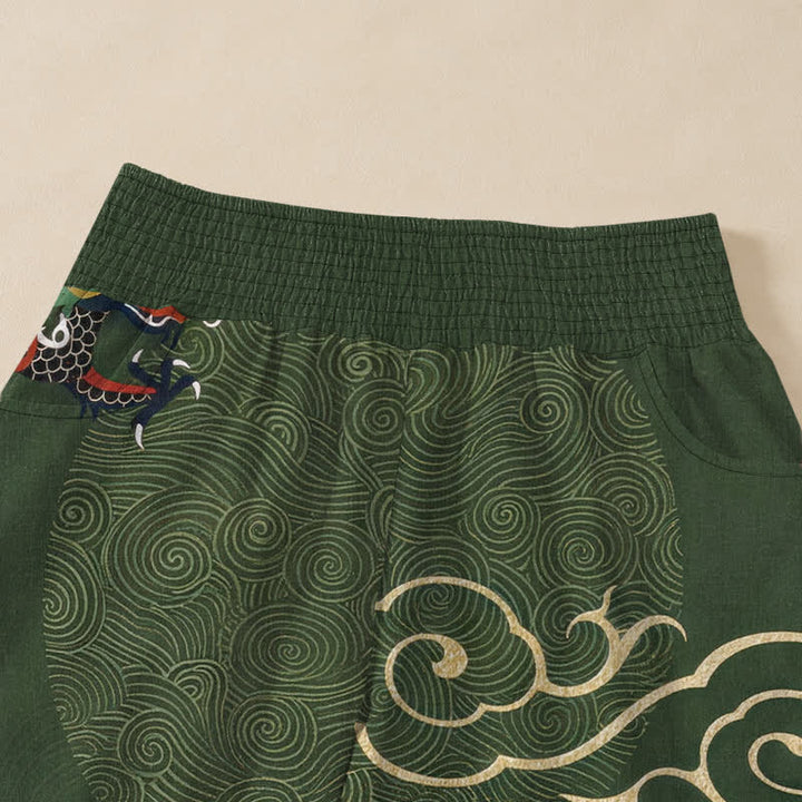 Buddha Stones Cotton Vintage Dragon Totem Pattern Pleated Elastic Waist Women's Harem Pants With Pockets - image 4