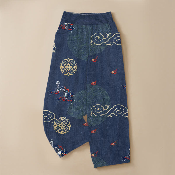 Buddha Stones Cotton Vintage Dragon Totem Pattern Pleated Elastic Waist Women's Harem Pants With Pockets - image 13