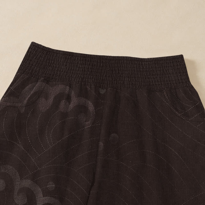 Buddha Stones Cotton Vintage White Crane Pattern Pleated Elastic Waist Women's Harem Pants With Pockets - image 4