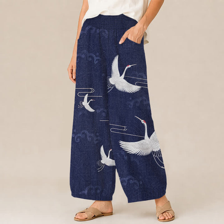 Buddha Stones Cotton Vintage White Crane Pattern Pleated Elastic Waist Women's Harem Pants With Pockets - image 11