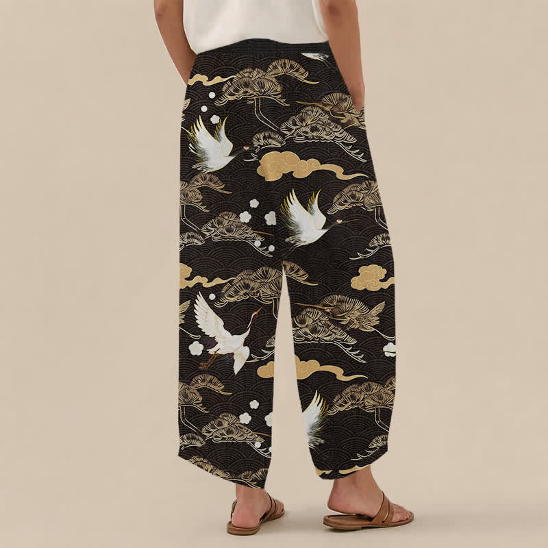 Buddha Stones Cotton Crane And Cloud Pattern Pleated Elastic Waist Women's Harem Pants With Pockets - image 2