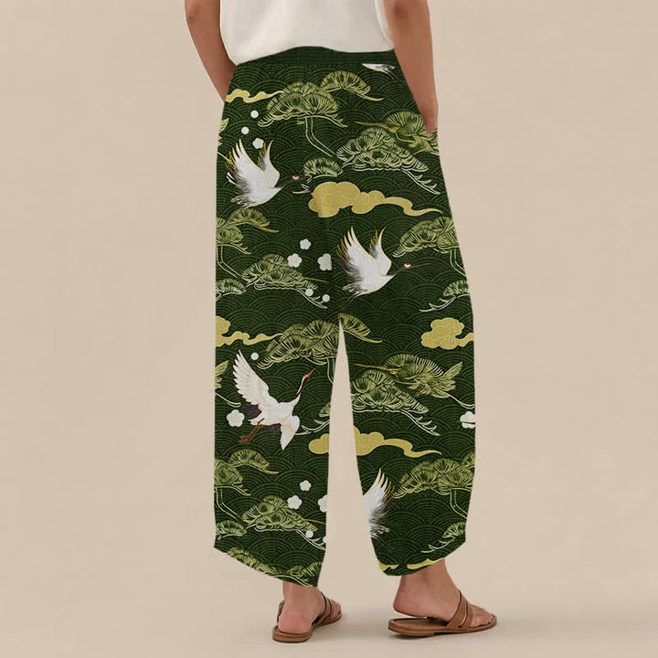 Buddha Stones Cotton Crane And Cloud Pattern Pleated Elastic Waist Women's Harem Pants With Pockets - image 12