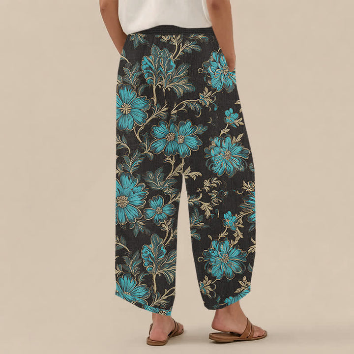 Buddha Stones Cotton Midnight Bloom Botanical Pattern Pleated Elastic Waist Women's Harem Pants With Pockets - image 2