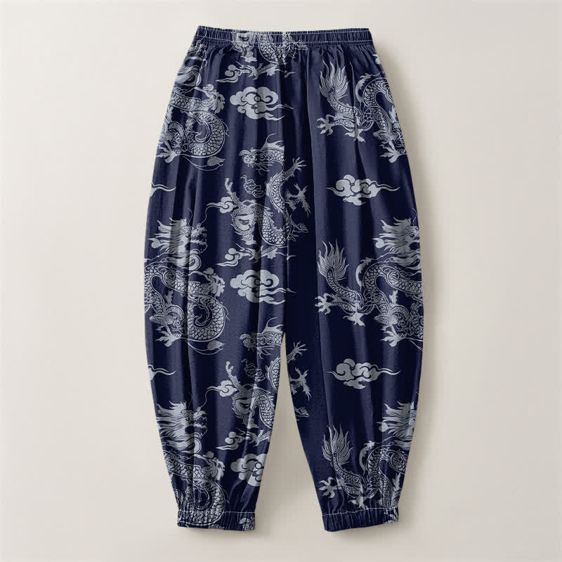 Buddha Stones Pure Cotton Dragon Clouds Pattern Drawstring Men's Harem Pants With Pockets - image 2