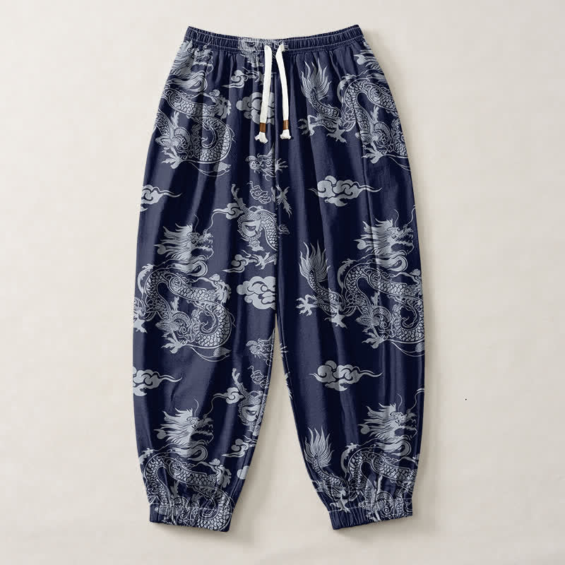 Buddha Stones Pure Cotton Dragon Clouds Pattern Drawstring Men's Harem Pants With Pockets - image 1