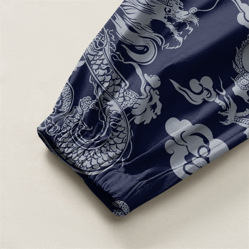 Buddha Stones Pure Cotton Dragon Clouds Pattern Drawstring Men's Harem Pants With Pockets - image 4