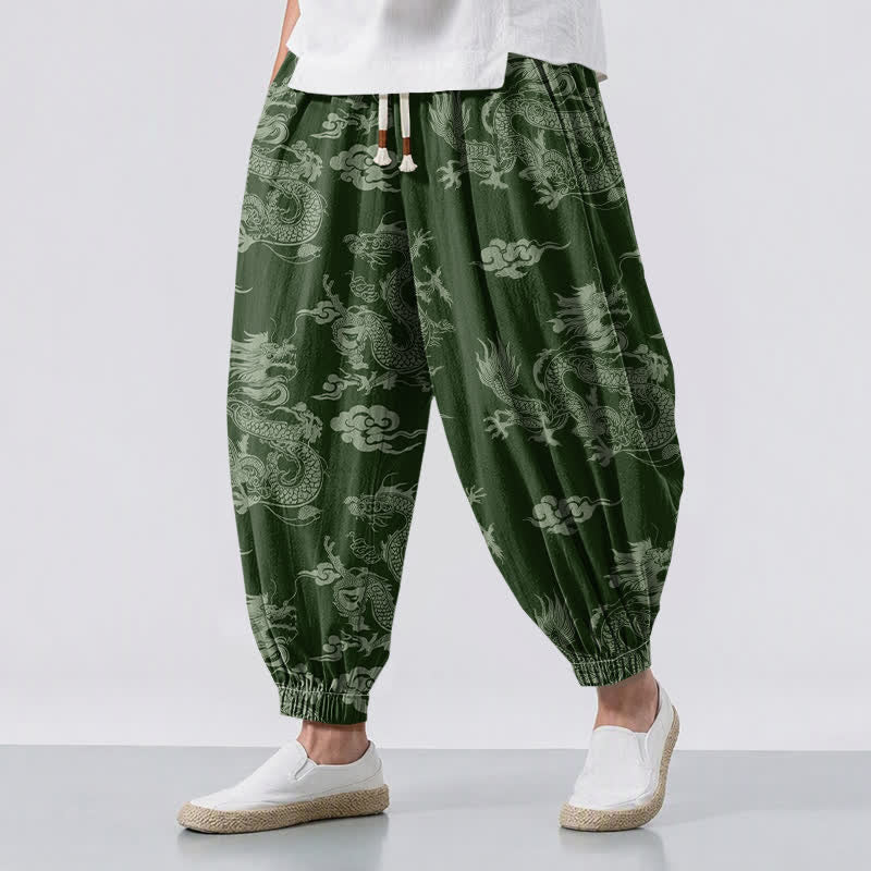 Buddha Stones Pure Cotton Dragon Clouds Pattern Drawstring Men's Harem Pants With Pockets - ForestGreen - US/UK/AU50，EU60 (5XL) - image 6