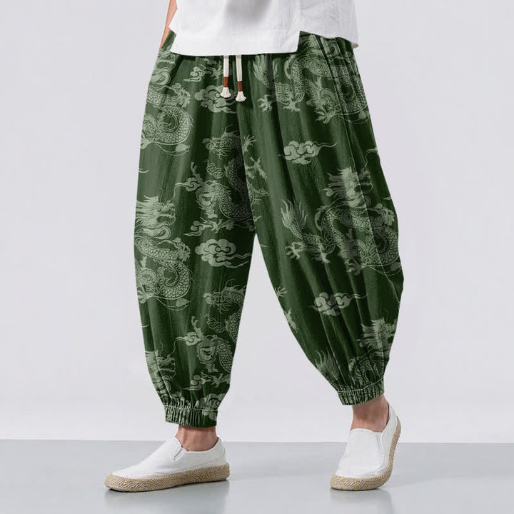 Buddha Stones Pure Cotton Dragon Clouds Pattern Drawstring Men's Harem Pants With Pockets - ForestGreen - US/UK/AU50，EU60 (5XL) - image 6