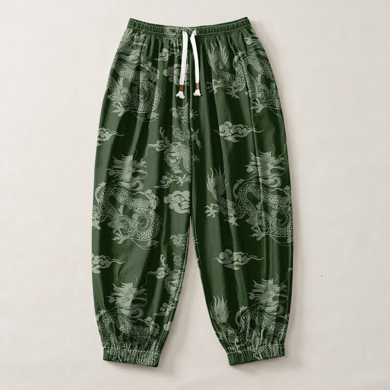 Buddha Stones Pure Cotton Dragon Clouds Pattern Drawstring Men's Harem Pants With Pockets - image 7