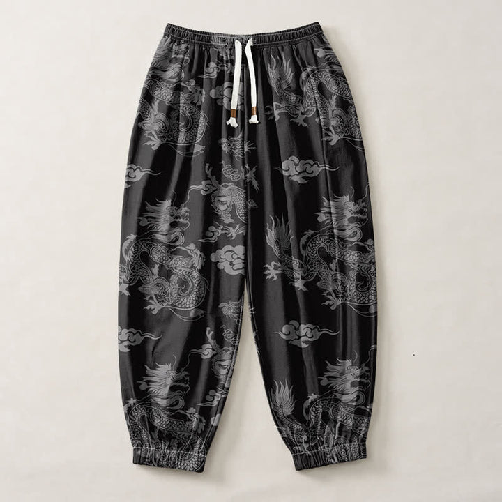 Buddha Stones Pure Cotton Dragon Clouds Pattern Drawstring Men's Harem Pants With Pockets - image 13