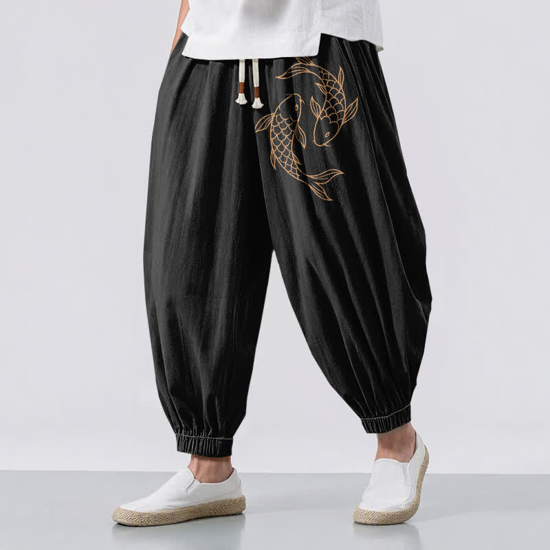 Buddha Stones Pure Cotton Double Koi Fish Pattern Drawstring Men's Harem Pants With Pockets - Black - US/UK/AU50，EU60 (5XL) - image 0