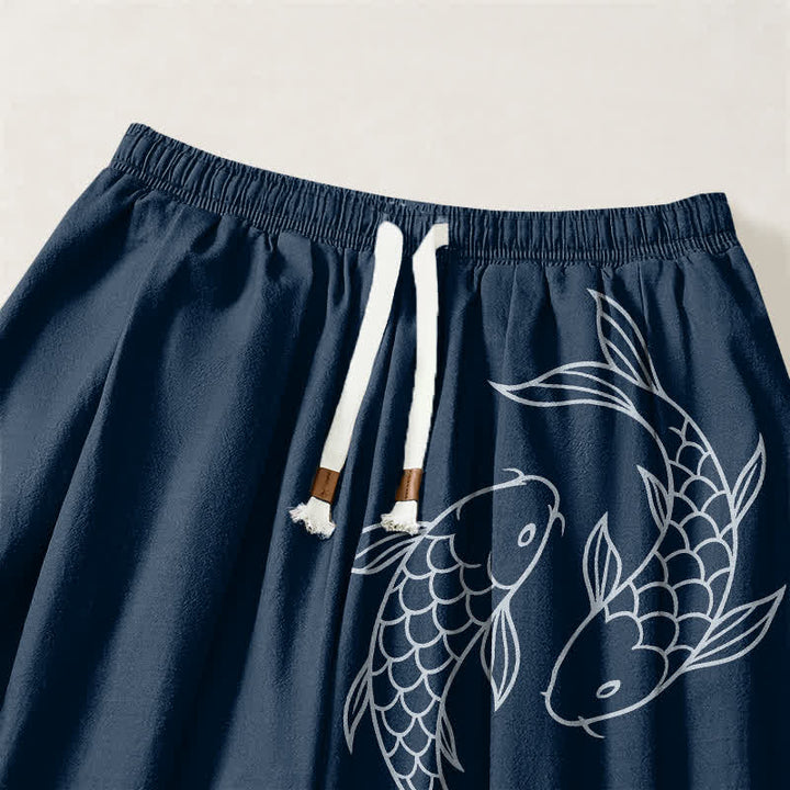 Buddha Stones Pure Cotton Double Koi Fish Pattern Drawstring Men's Harem Pants With Pockets - image 15