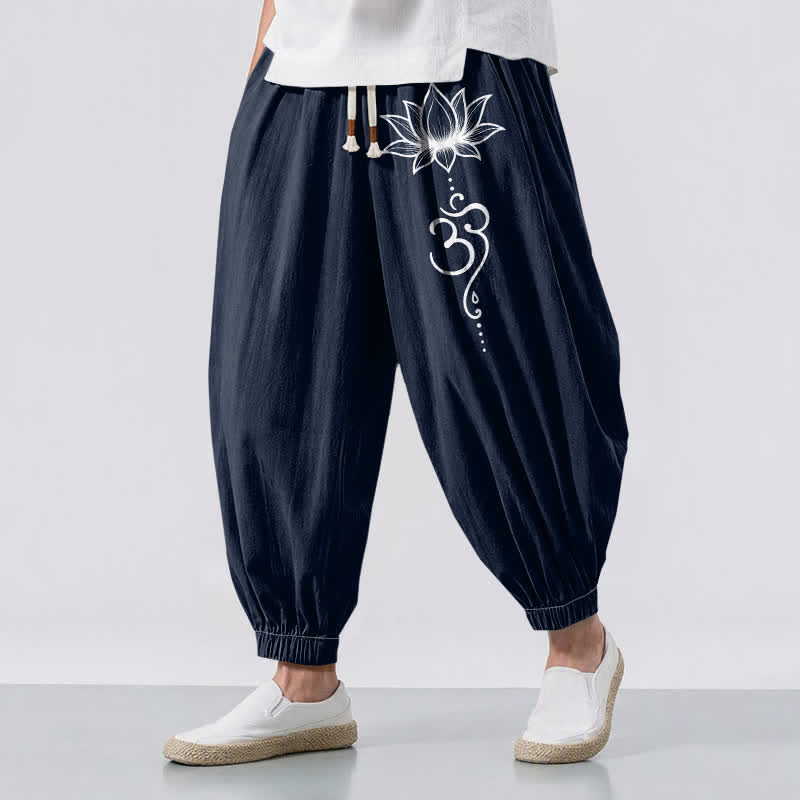 Buddha Stones Pure Cotton Lotus Om Pattern Drawstring Men's Harem Pants With Pockets - Navy - US/UK/AU50，EU60 (5XL) - image 0