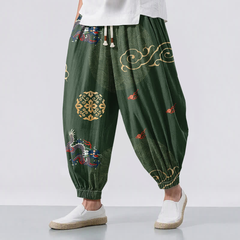 Buddha Stones Pure Cotton Dragon Golden Cloud Medallion Pattern Drawstring Men's Harem Pants With Pockets - ForestGreen - US/UK/AU50，EU60 (5XL) - image 0