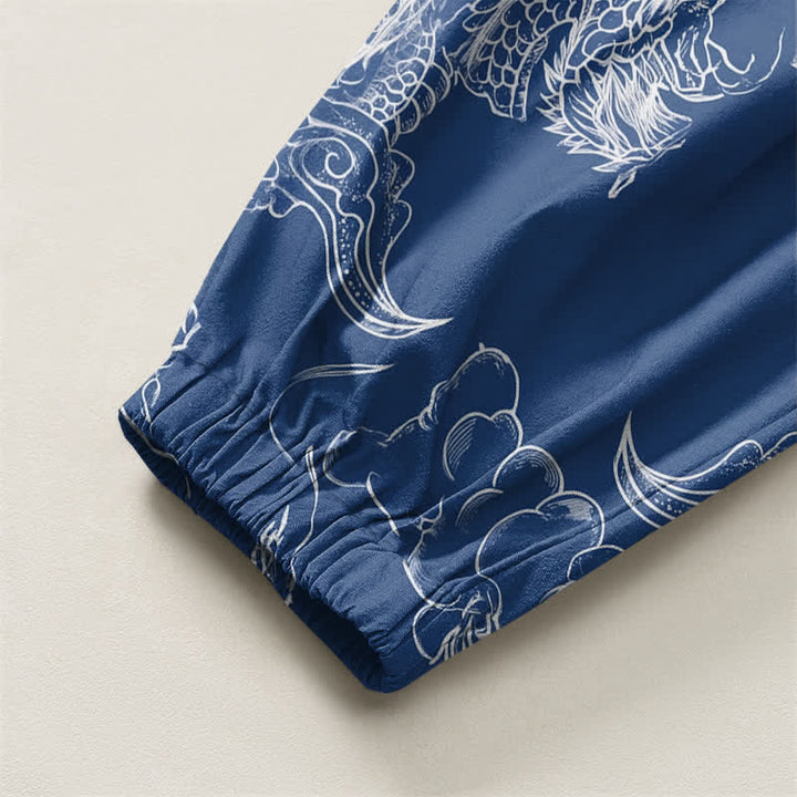 Buddha Stones Pure Cotton White Dragon Cloud Pattern Drawstring Men's Harem Pants With Pockets - image 4