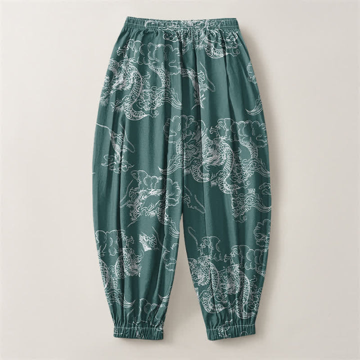 Buddha Stones Pure Cotton White Dragon Cloud Pattern Drawstring Men's Harem Pants With Pockets - image 8