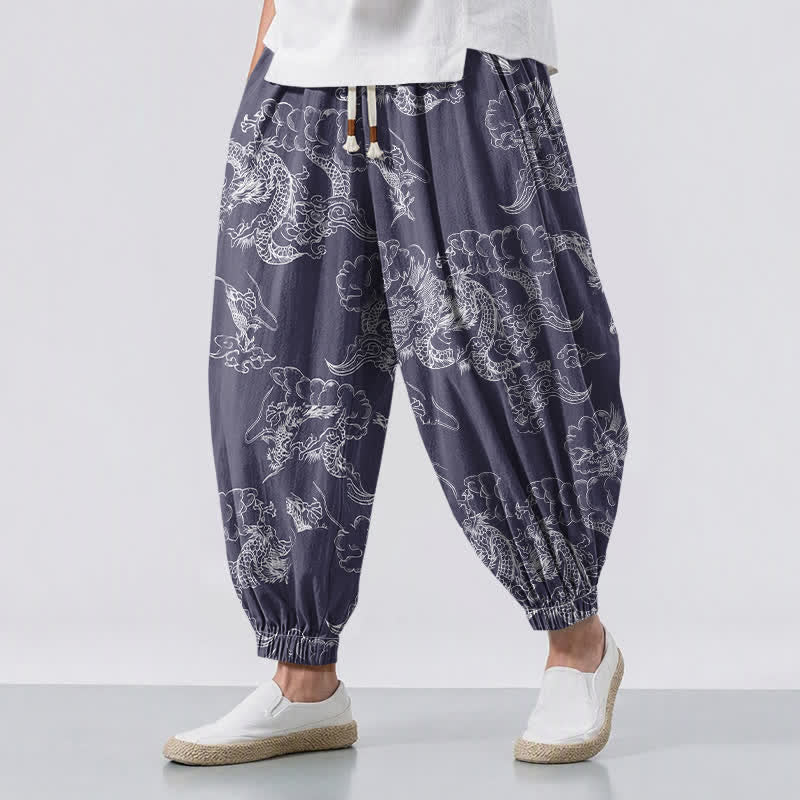 Buddha Stones Pure Cotton White Dragon Cloud Pattern Drawstring Men's Harem Pants With Pockets - DarkSlateBlue - US/UK/AU50，EU60 (5XL) - image 12
