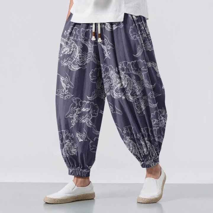 Buddha Stones Pure Cotton White Dragon Cloud Pattern Drawstring Men's Harem Pants With Pockets - DarkSlateBlue - US/UK/AU50，EU60 (5XL) - image 12