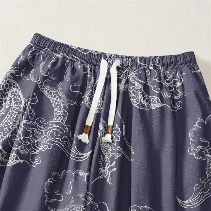 Buddha Stones Pure Cotton White Dragon Cloud Pattern Drawstring Men's Harem Pants With Pockets - image 15