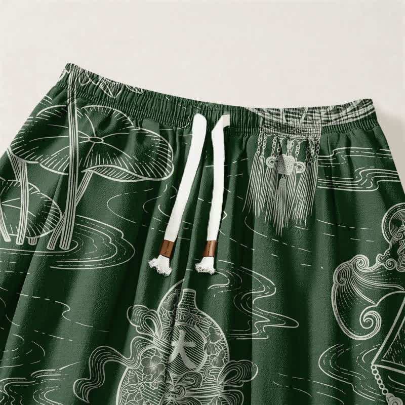 Buddha Stones Pure Cotton Auspicious Cloud Coin Script Pattern Drawstring Men's Harem Pants With Pockets - image 3