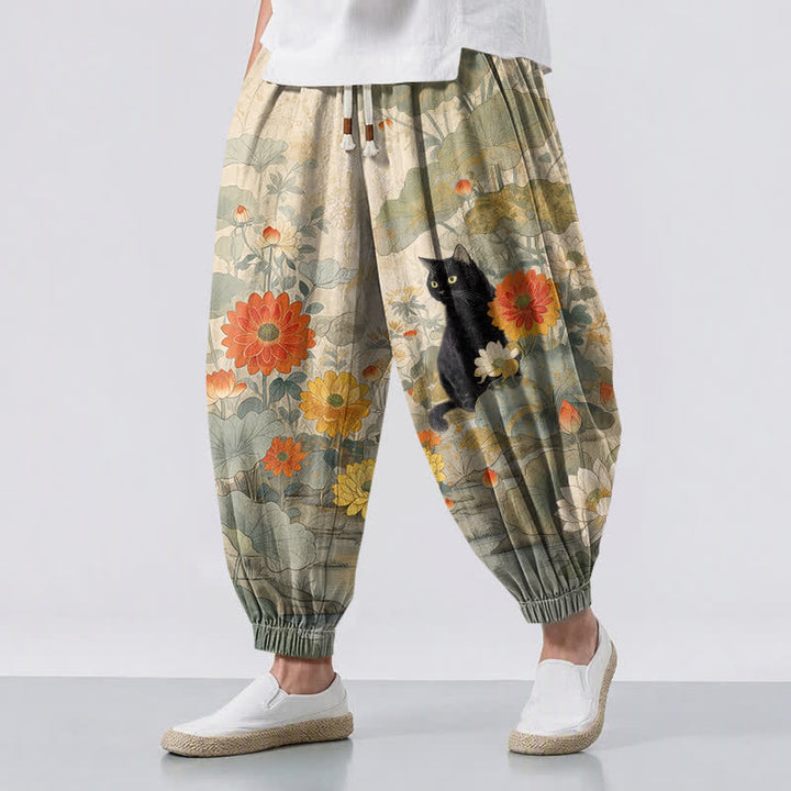 Buddha Stones Pure Cotton Vintage Floral Lotus Cat Pattern Drawstring Men's Harem Pants With Pockets - Beige - US/UK/AU50，EU60 (5XL) - image 0