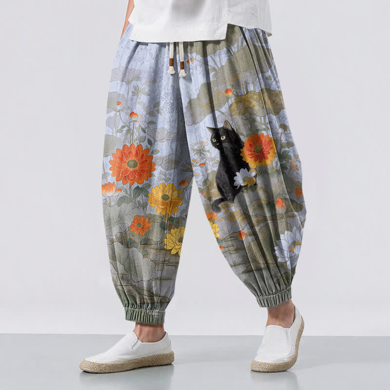 Buddha Stones Pure Cotton Vintage Floral Lotus Cat Pattern Drawstring Men's Harem Pants With Pockets - Lavender - US/UK/AU50，EU60 (5XL) - image 12