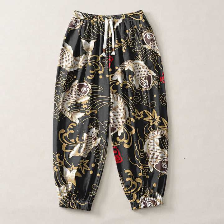 Buddha Stones Pure Cotton Koi Fish Ocean Waves Pattern Drawstring Men's Harem Pants With Pockets - image 1