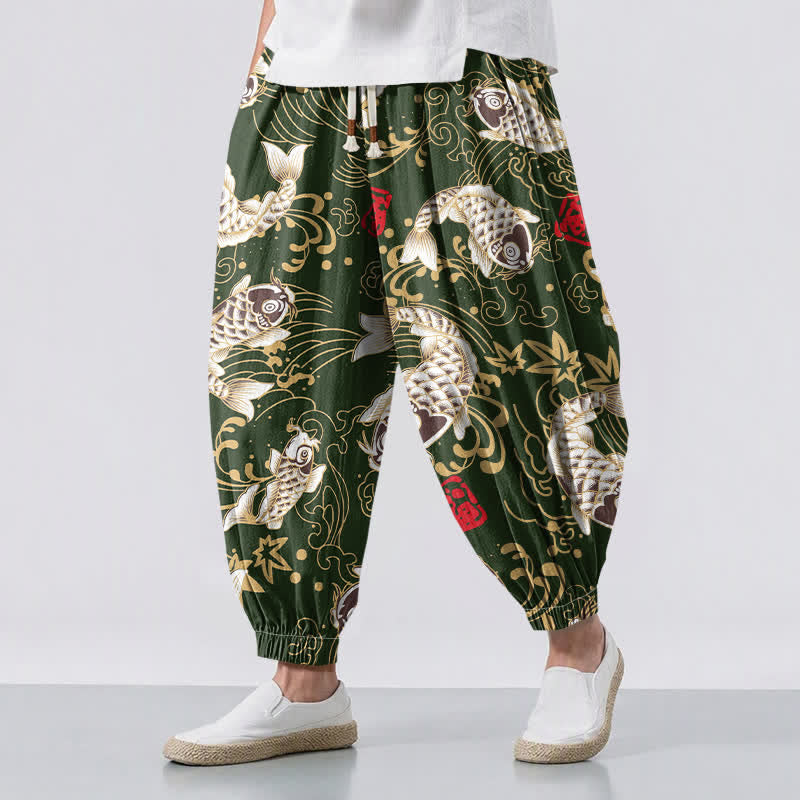 Buddha Stones Pure Cotton Koi Fish Ocean Waves Pattern Drawstring Men's Harem Pants With Pockets - ForestGreen - US/UK/AU50，EU60 (5XL) - image 12