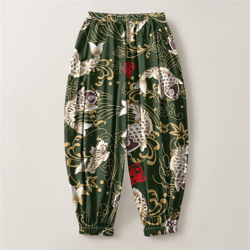 Buddha Stones Pure Cotton Koi Fish Ocean Waves Pattern Drawstring Men's Harem Pants With Pockets - image 14