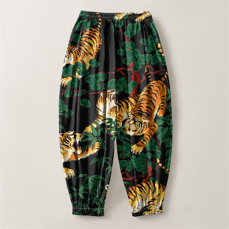 Buddha Stones Pure Cotton Tiger Tropical Leaf Pattern Drawstring Men's Harem Pants With Pockets - image 2