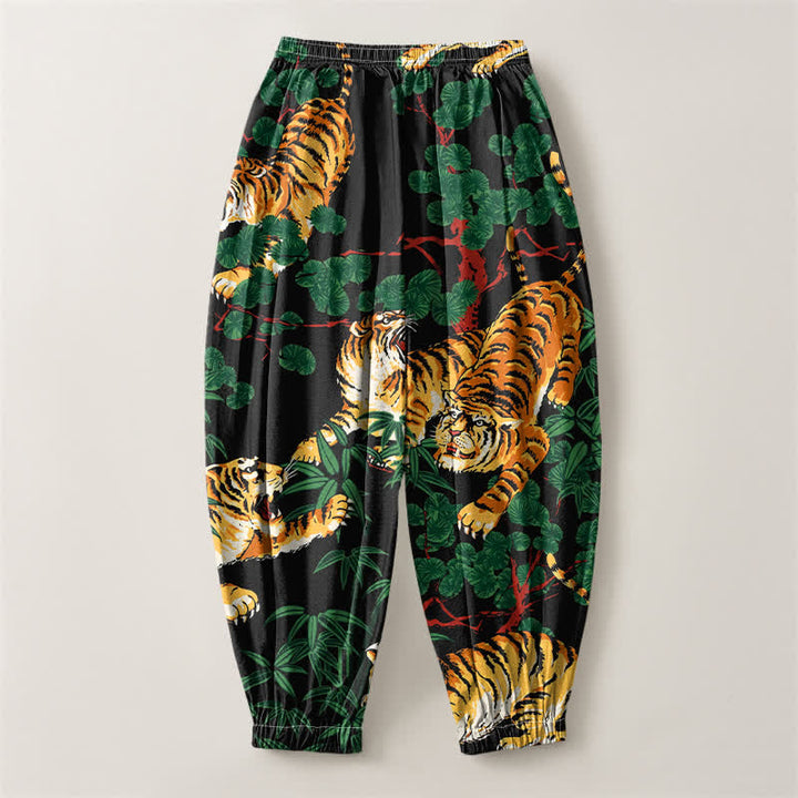 Buddha Stones Pure Cotton Tiger Tropical Leaf Pattern Drawstring Men's Harem Pants With Pockets - image 2
