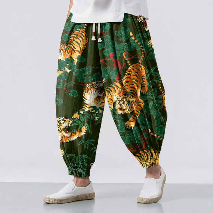 Buddha Stones Pure Cotton Tiger Tropical Leaf Pattern Drawstring Men's Harem Pants With Pockets - ForestGreen - US/UK/AU50，EU60 (5XL) - image 6