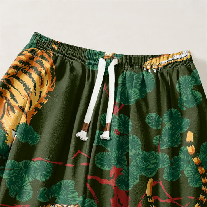 Buddha Stones Pure Cotton Tiger Tropical Leaf Pattern Drawstring Men's Harem Pants With Pockets - image 9