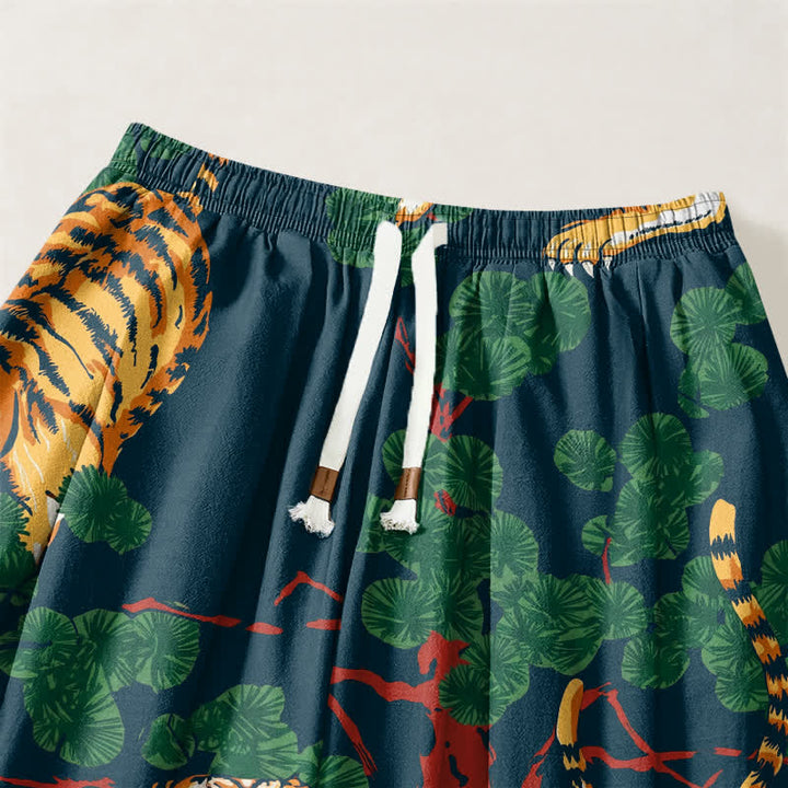Buddha Stones Pure Cotton Tiger Tropical Leaf Pattern Drawstring Men's Harem Pants With Pockets - image 15