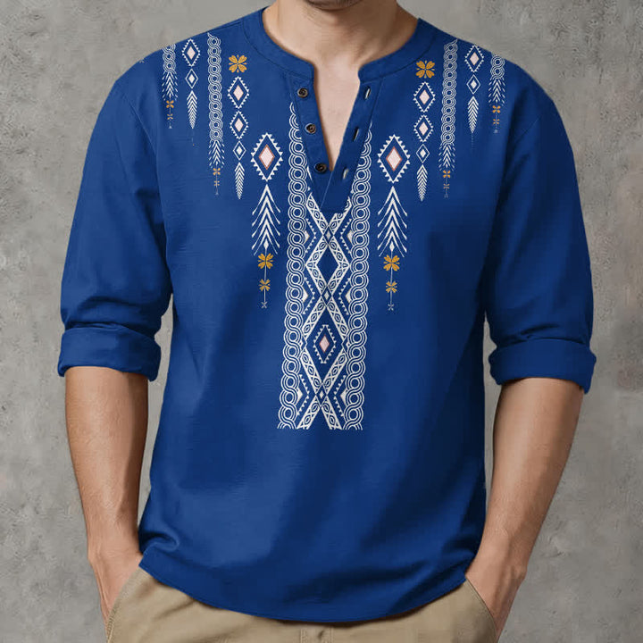 Buddha Stones Cotton Tribal Rhombus Geometric Pattern V-Neck Buttons Men's Long Sleeve Shirts - image 1