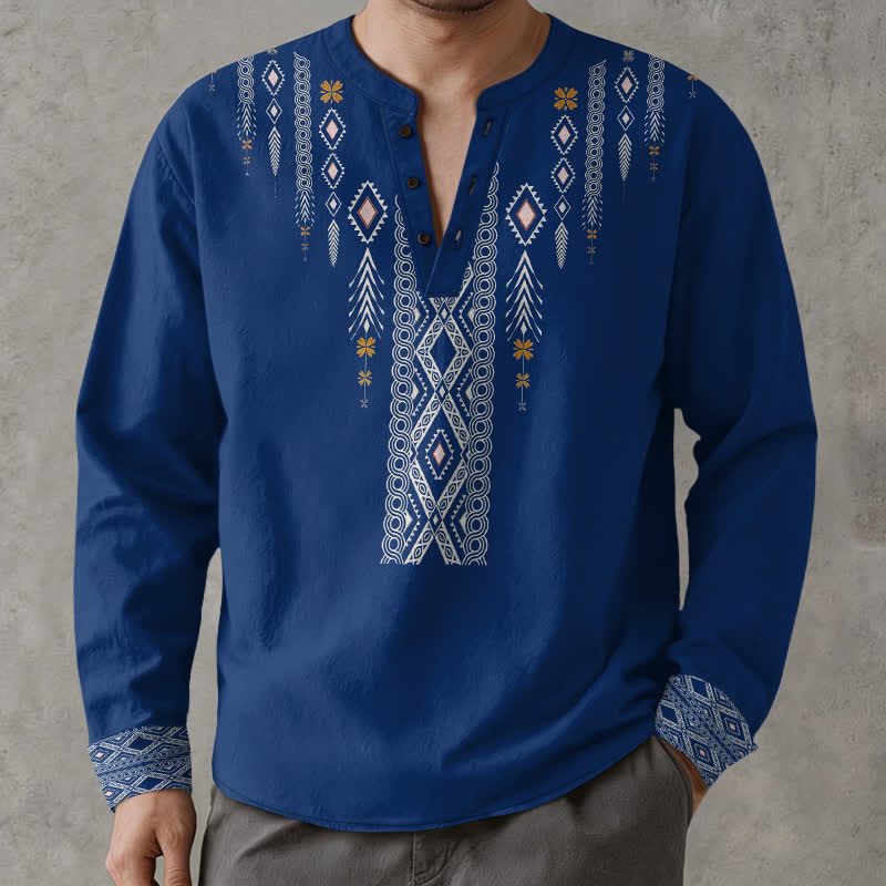 Buddha Stones Cotton Tribal Rhombus Geometric Pattern V-Neck Buttons Men's Long Sleeve Shirts - RoyalBlue - US/UK/AU48，EU58 (4XL) - image 0
