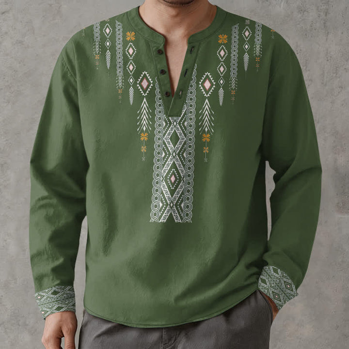 Buddha Stones Cotton Tribal Rhombus Geometric Pattern V-Neck Buttons Men's Long Sleeve Shirts - OliveDrab - US/UK/AU48，EU58 (4XL) - image 7